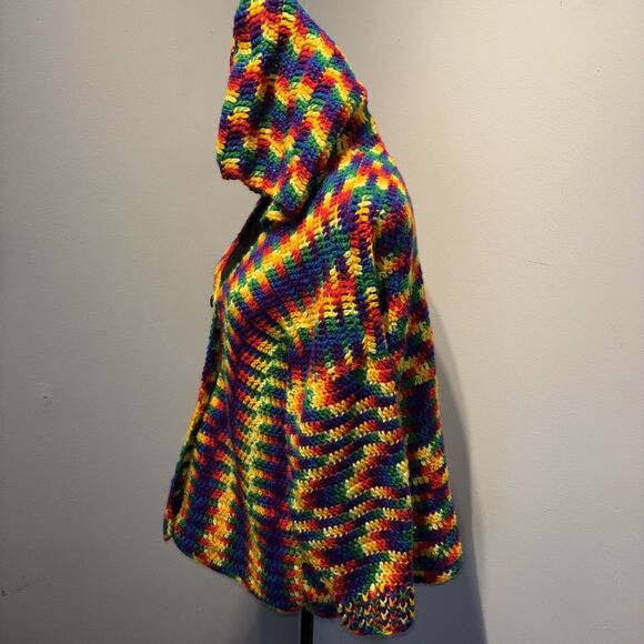Vtg crochet Cardigan‎ Bold Colors Handmade Hooded Retro Artsy women’s SzM - Picture 3 of 10